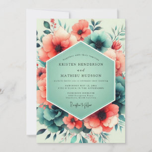 Teal-Korallen- Kunstvolle Flora-Hochzeit Einladung