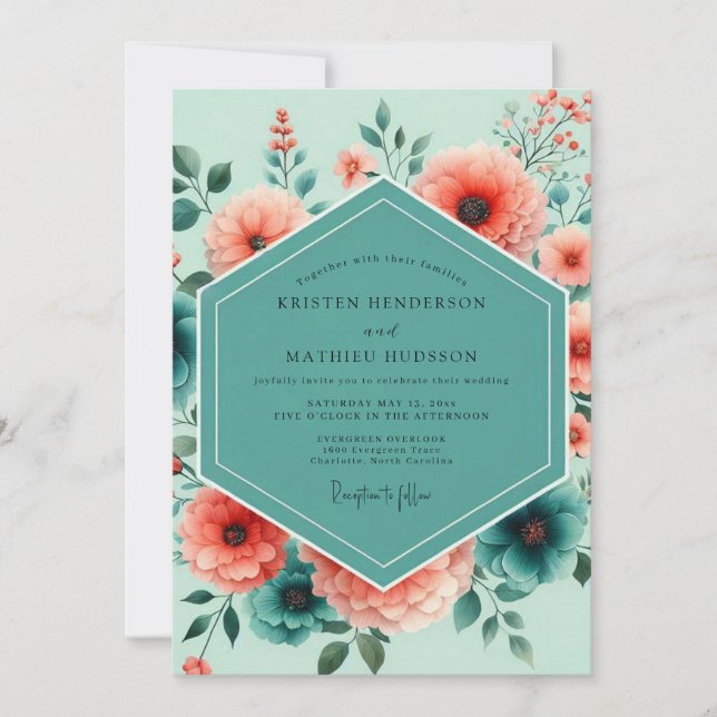 Teal Korallen Lebendige Blüten Hochzeit Einladung (Vorderseite)