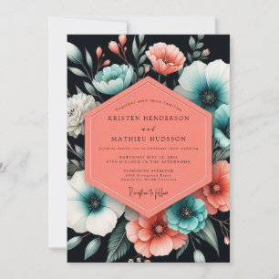 Teal Korallen Moody Flora Hochzeit Einladung
