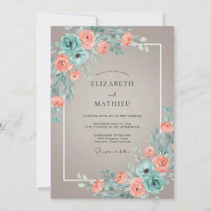 Teal-Korallen-Romantische-Blüten-Hochzeit Einladung