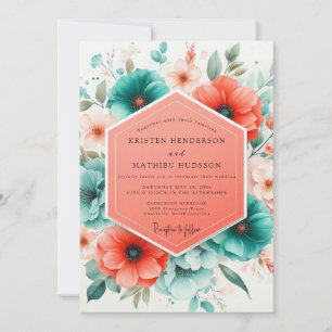 Teal Korallenblüten Romantische Hochzeit Einladung