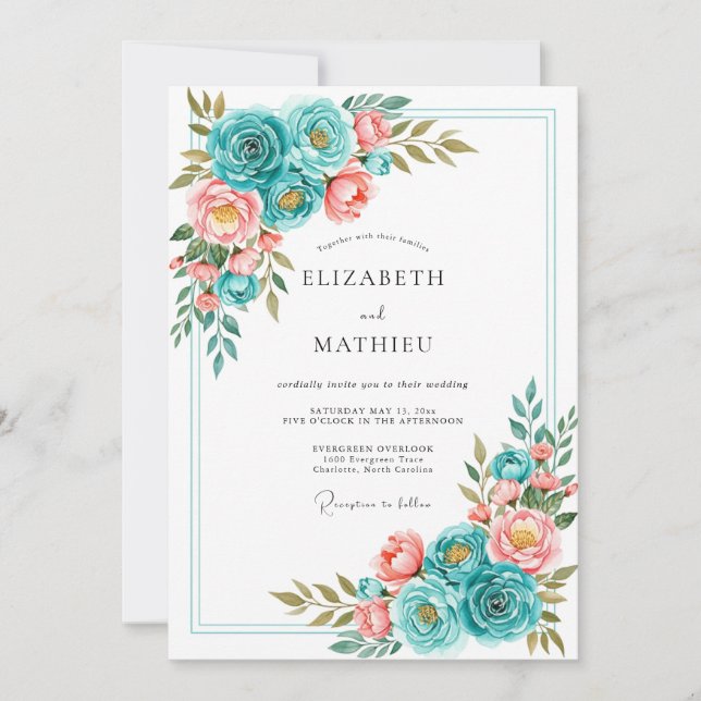 Teal Korallenblüten-Romanze Hochzeit Einladung (Vorderseite)