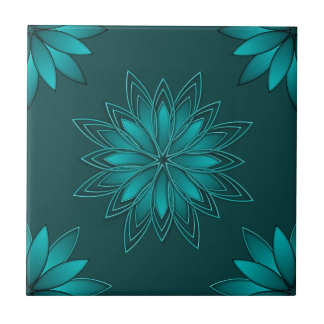 Teal Leaf Mandala Design on Dark Cyan Fliese (Vorderseite)