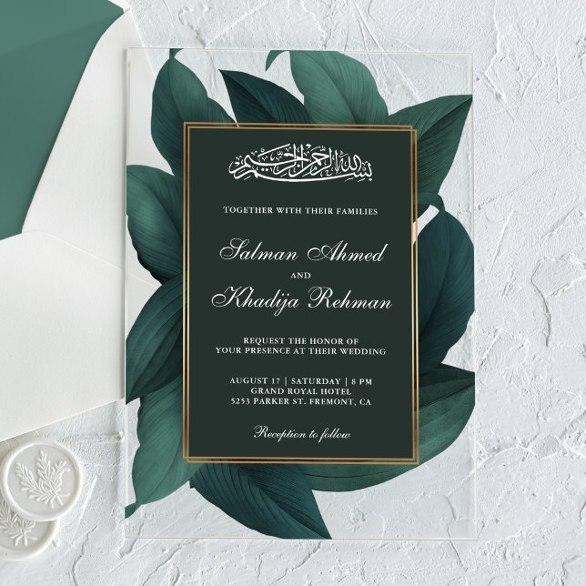 Teal Leaves Gold Border Islamic Muslim Wedding Acryleinladungen (Von Creator hochgeladen)
