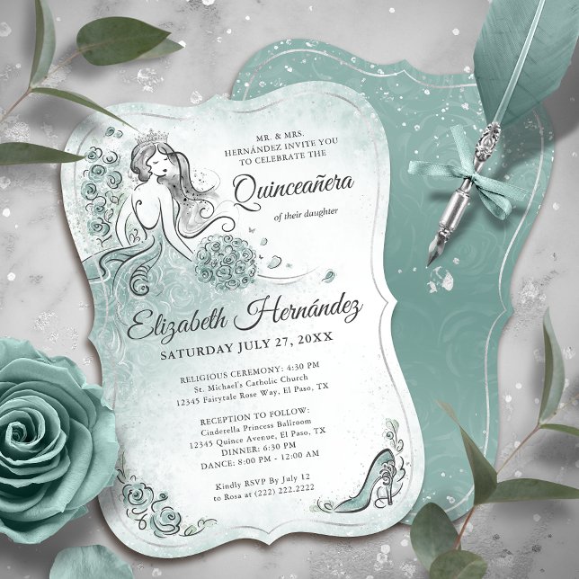 Teal Light Sage Seafoam Princess Quince Birthday Einladung (Unique princess quinceanera invitations in soft shades of teal, light sage, and seafoam green.)