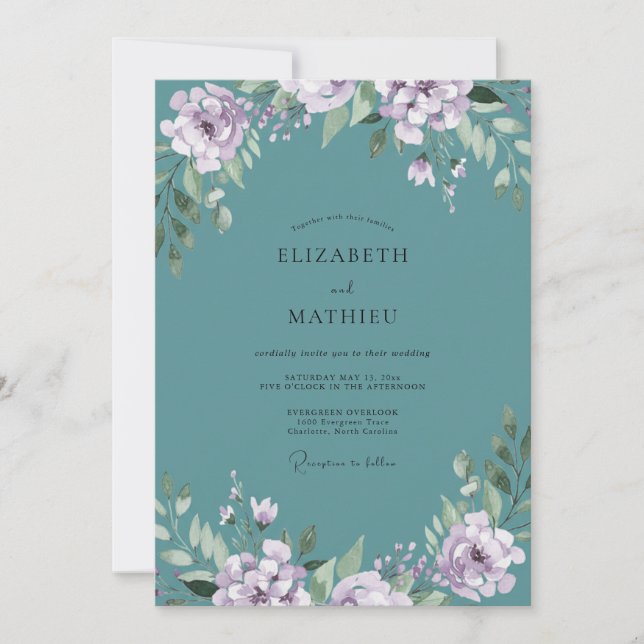 Teal-Lila-Blatt-Hochzeit Einladung (Vorderseite)