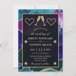 Teal, Lila & Gold Glitter Pfauenachat Hochzeit Einladung