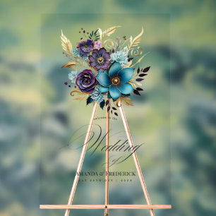 Teal, Lila und Gold Blumen Hochzeitsbegrüßung Acrylschild