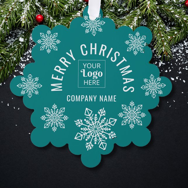 Teal Logo Company Name Snowflake Merry Christmas Ornament Karte (Von Creator hochgeladen)