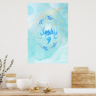 Teal Lotus Bloom Azure Glow Poster