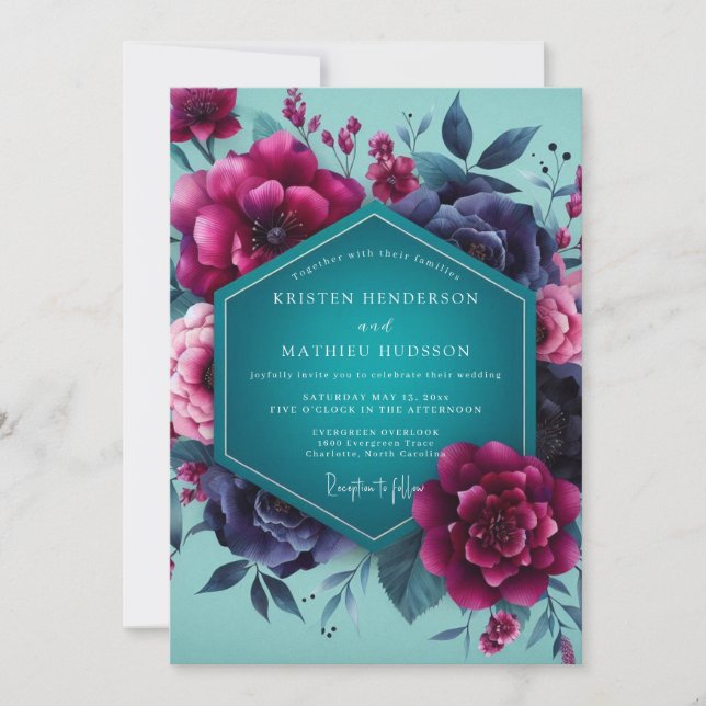Teal Magenta Dramatic Bloom Wedding Einladung (Vorderseite)