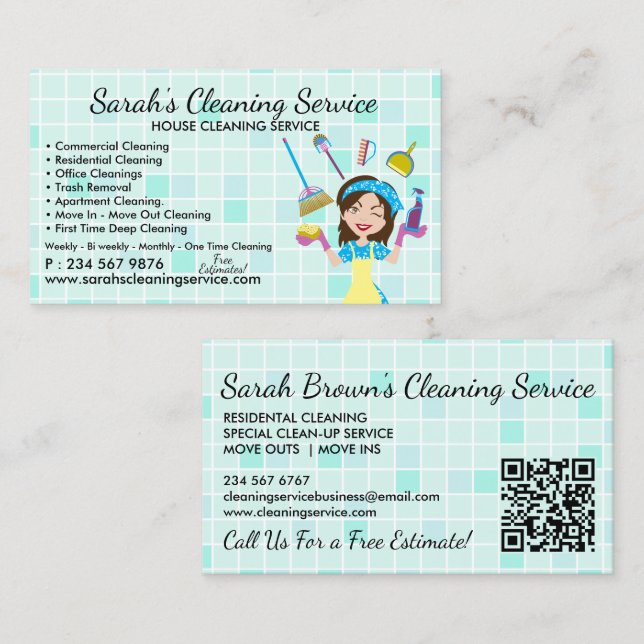 Teal Maid Janitorial Lady qr code Cleaning Service Visitenkarte (Vorne/Hinten)