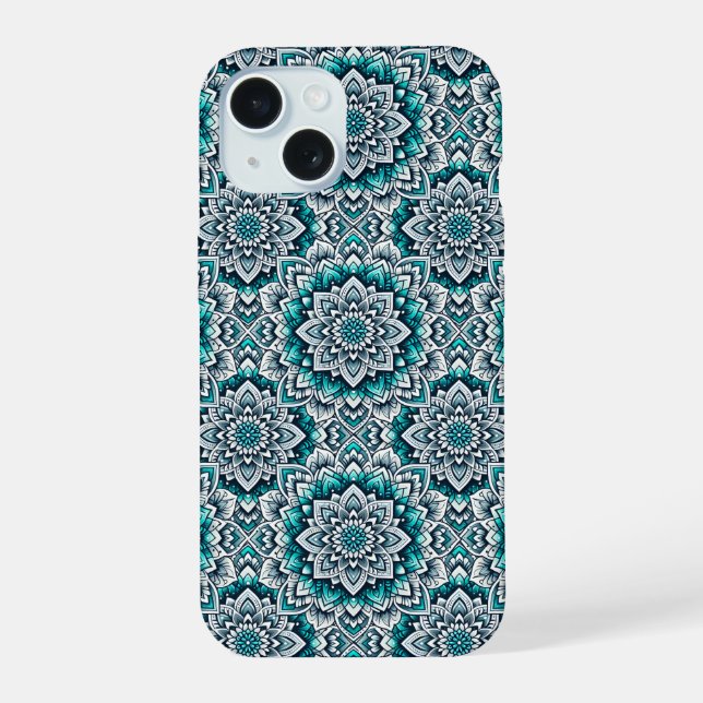 Teal-Mandalas-Muster iPhone 15 Hülle (Rückseite)