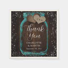 Teal Mason Jar Rustic Wood Thank You Wedding Serviette