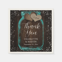 Teal Mason Jar Rustic Wood Thank You Wedding Serviette