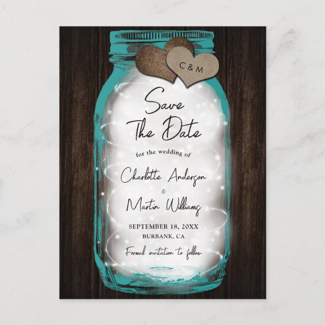 Teal Mason Jar Wood Hearts Wedding Save The Date Ankündigungspostkarte (Vorderseite)