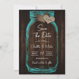 Teal Mason Jar Wood Monogram Romantic Fall Wedding Save The Date
