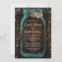 Teal Mason Jar Wood Rustic Couples Shower Einladung