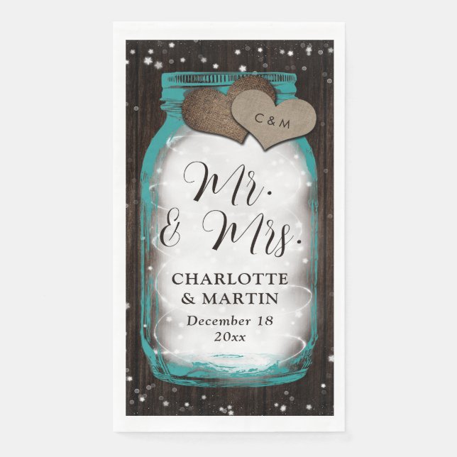 Teal Mason Jar Wood Stars Rustic Winter Wedding Serviette (Vorderseite)