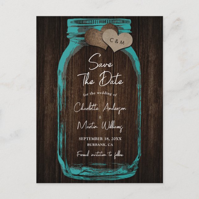 Teal Mason Jar Wood Wedding Save The Date Ankündigungspostkarte (Vorderseite)