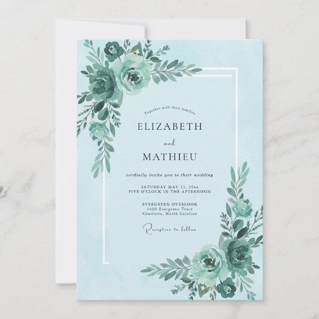 Teal-Mint-Blüten-Hochzeit Einladung (Vorderseite)