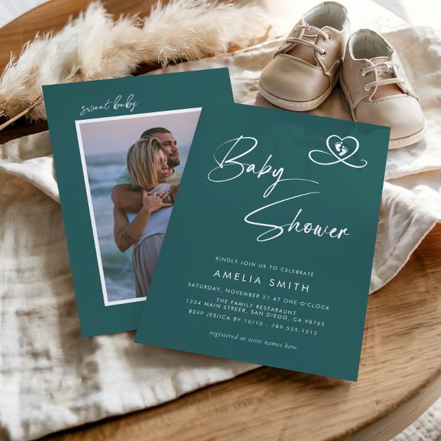 Teal Modern Script Baby Shower Photo Einladung (Von Creator hochgeladen)