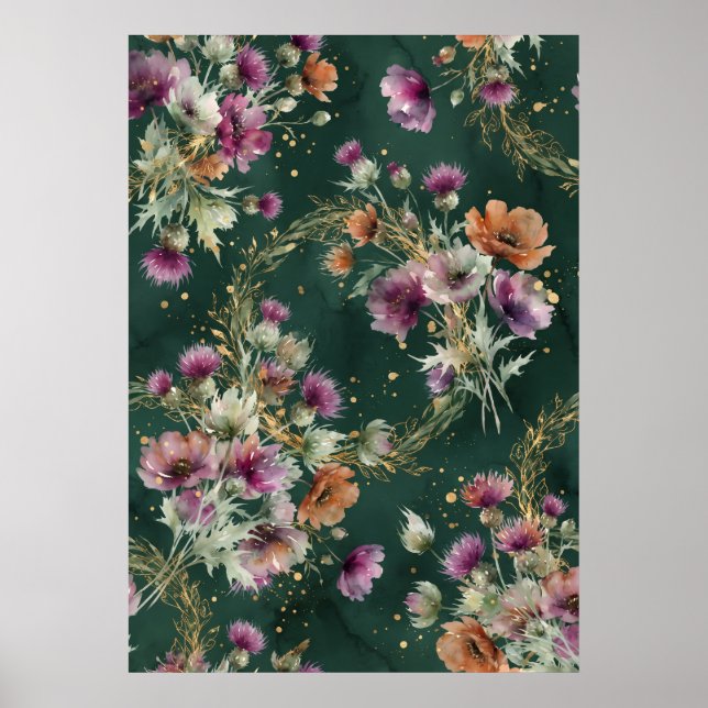 Teal Mohn Distel Wildblumen Muster Poster (Vorne)