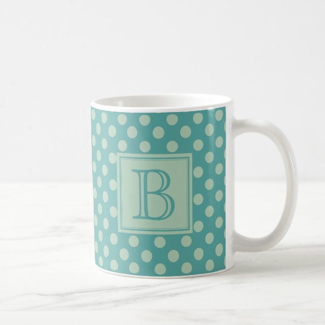 Teal Monogram Polka Dot Pattern Kaffeetasse (Rechts)