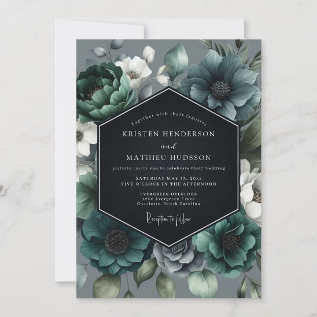 Teal Moody Bloom Hochzeit Einladung (Vorderseite)