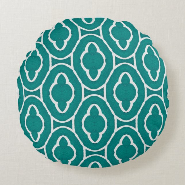  Teal Moroccan Trellis Pattern Rundes Kissen (Vorderseite)
