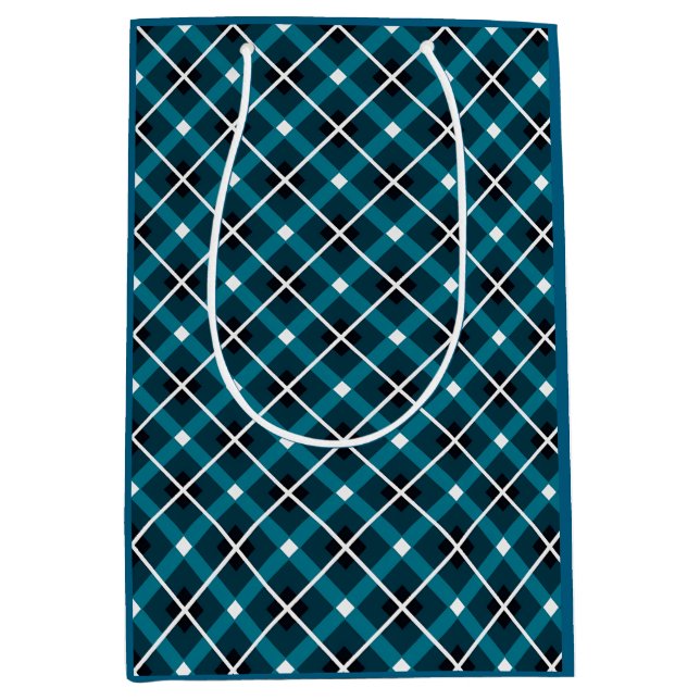 Teal & Navy Geometric Grid Pattern Mittlere Geschenktüte (Vorderseite)