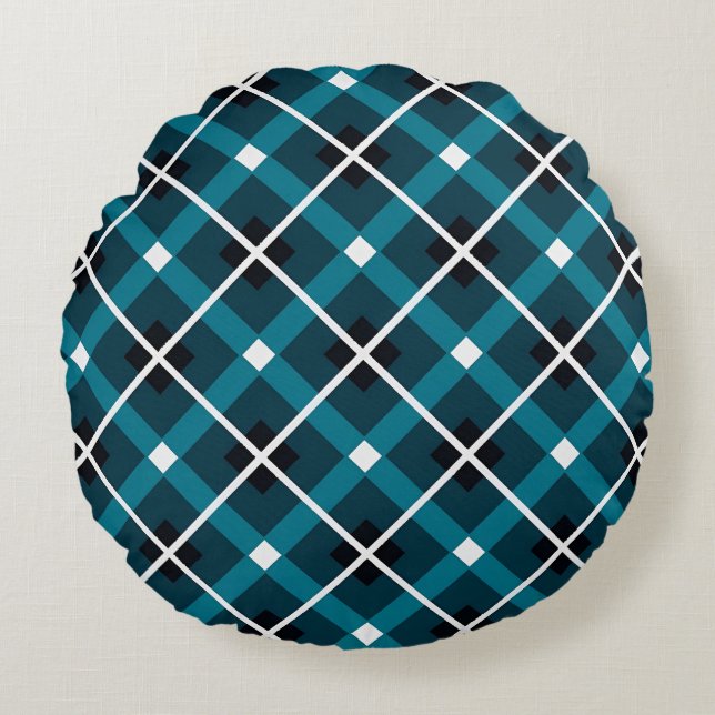 Teal & Navy Geometric Grid Pattern Rundes Kissen (Vorderseite)