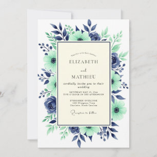 Teal Navy Majestätische Botanische Hochzeit Einladung