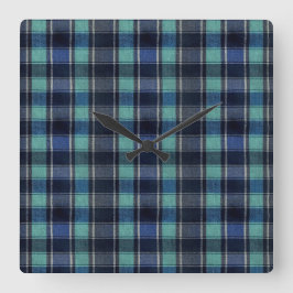Teal & Navy Tartan Plaid Round Wall Clock Quadratische Wanduhr