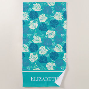 Teal Navy und White Coastal Monstera Benutzername Strandtuch