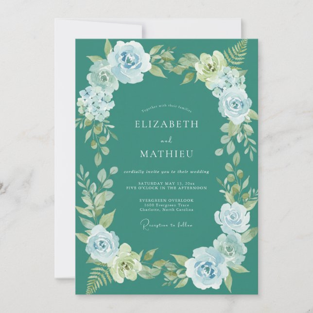 Teal-Nebel-Botanische Hochzeit Einladung (Vorderseite)