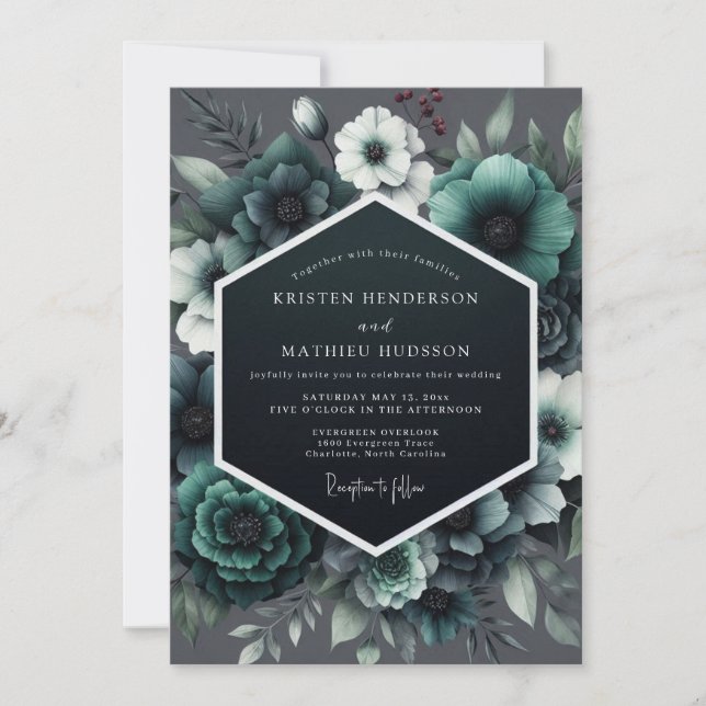 Teal Noir Anemone Hochzeit Einladung (Vorderseite)