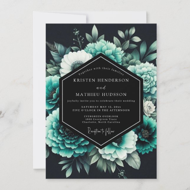 Teal Noir Botanical Wedding Einladung (Vorderseite)
