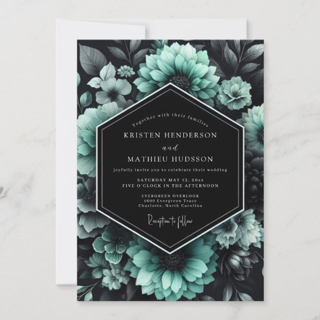 Teal Noir Florale Hochzeit Einladung (Vorderseite)
