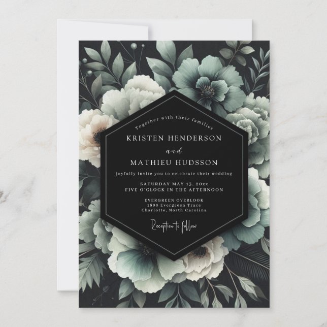 Teal Noir Florale Hochzeit Einladung (Vorderseite)