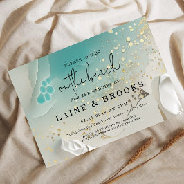 Teal Ocean Tide & Gold Ethereal Shoreline Wedding Einladung