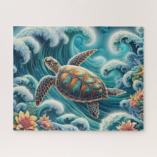 Teal Ocean Wave With  Turtle Puzzle (Horizontal)