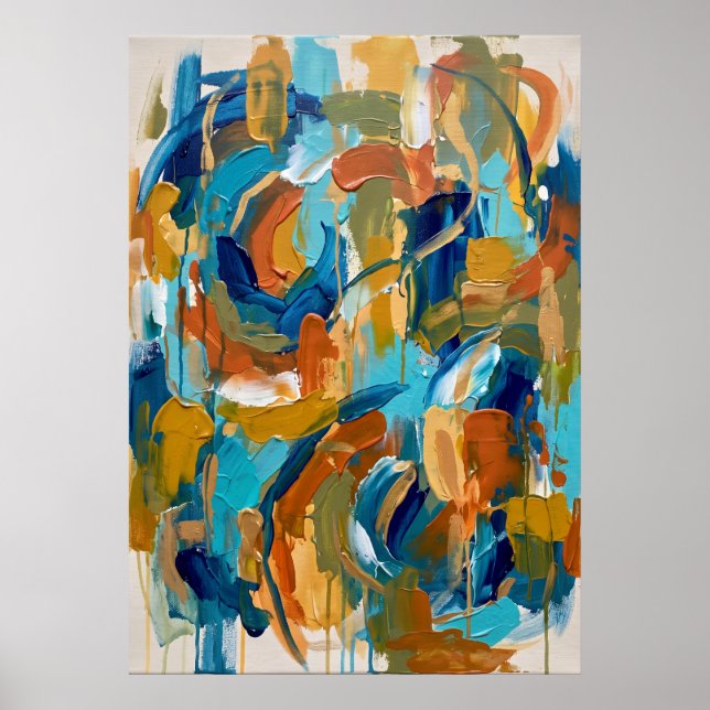 Teal-Ocker-Abstraktes-Pinselstrich-Poster Poster (Vorne)