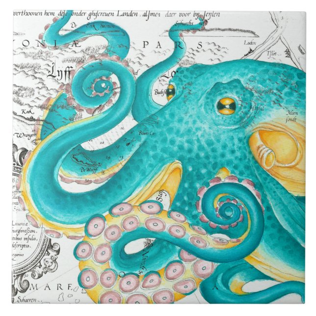 Teal Octopus Nautical Map Watercolor Fliese (Vorderseite)