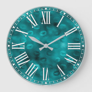 Teal Ombre Glam Glitter Lippen Muster Große Wanduhr