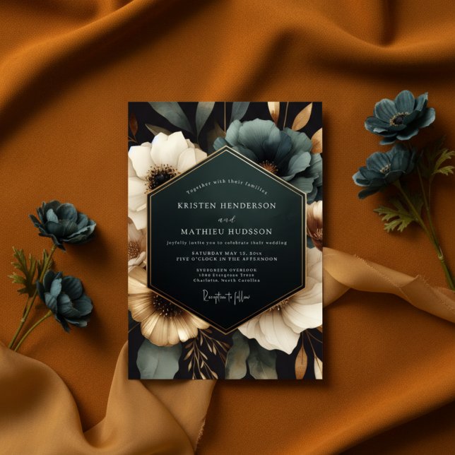 Teal Opulent Bloom Wedding Einladung (Von Creator hochgeladen)