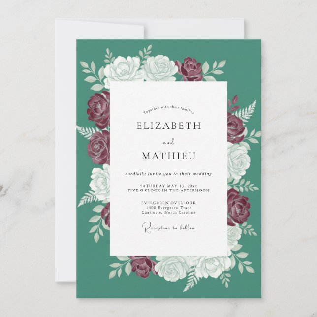 Teal opulente Winterrosenhochzeit Einladung (Vorderseite)