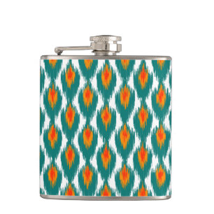 Teal Orange Abstrakter Stammes-Ikat-Diamantmuster Flachmann