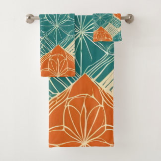 Teal, Orange, and Tan Abstract Flowers  Badhandtuch Set
