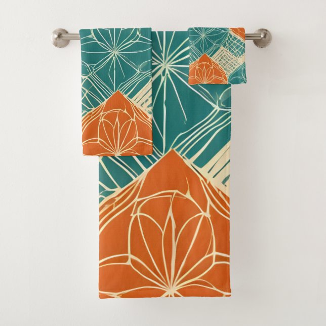 Teal, Orange, and Tan Abstract Flowers  Badhandtuch Set (Insitu)